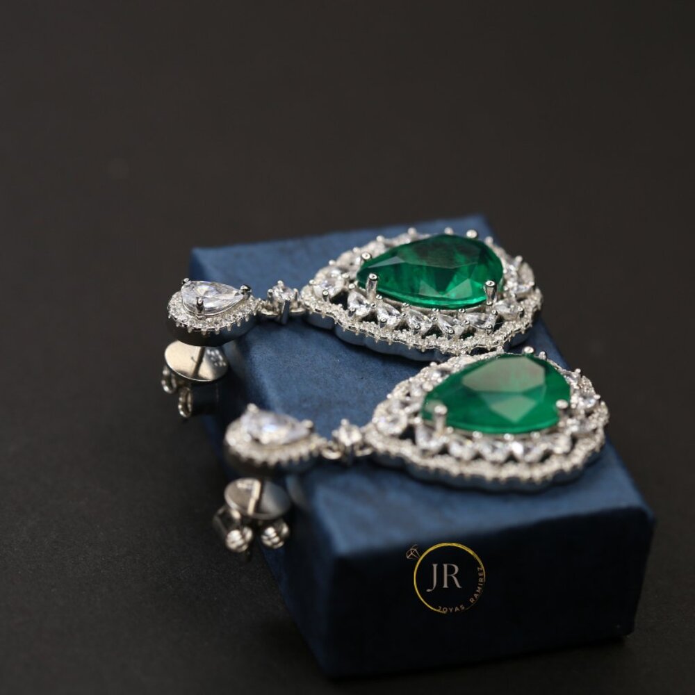 Teardrop Earrings with Emerald Green CZ and Clear CZ in Sterling Silver .925 - Picture 4 of 6
